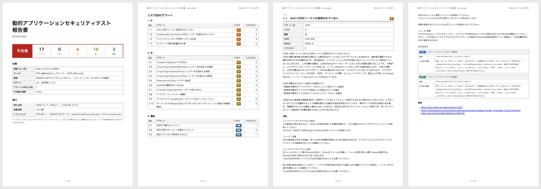 動的アプリケーションセキュリティテスト報告書のサンプル。結果、リスク別のアラート、アラートの詳細と対策のページ