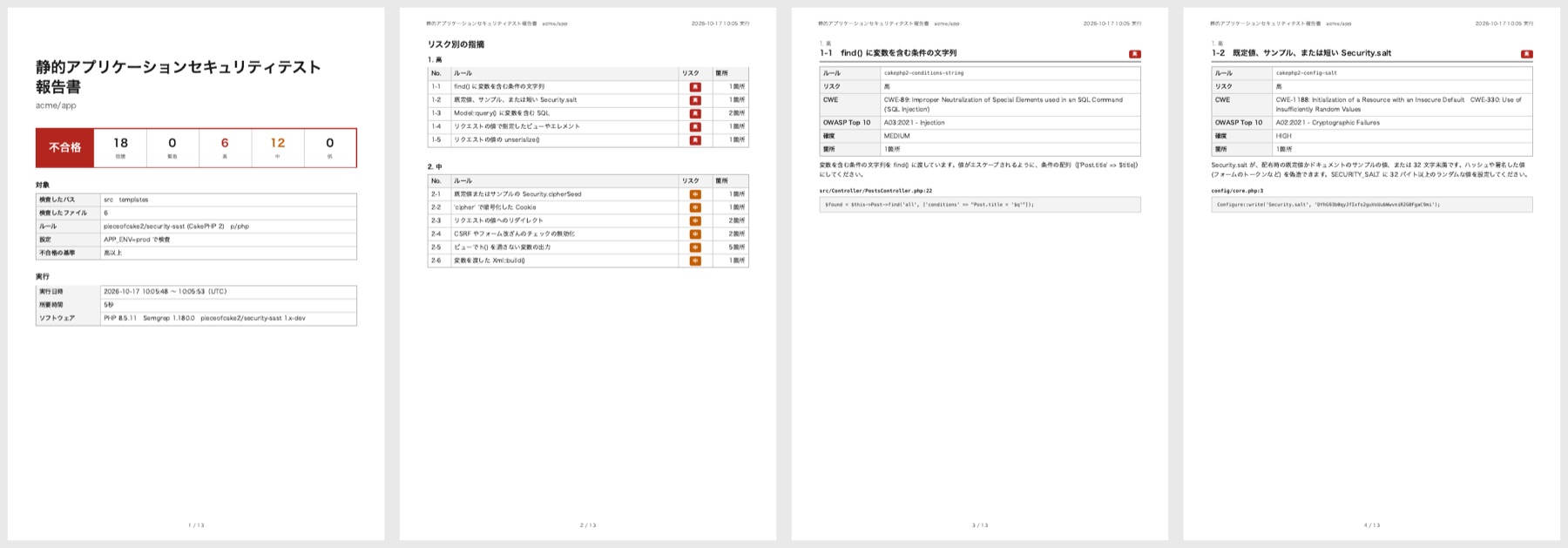 静的アプリケーションセキュリティテスト報告書のサンプル。結果、リスク別の指摘、指摘の詳細のページ