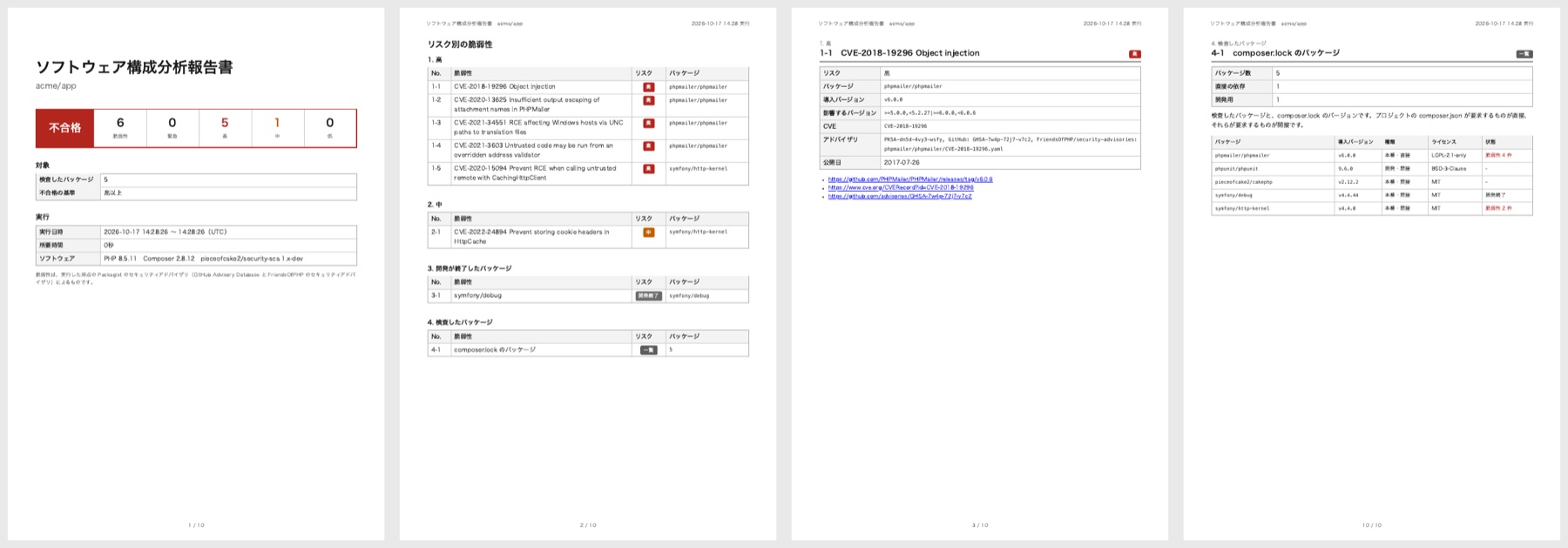 ソフトウェア構成分析報告書のサンプル。結果、リスク別の脆弱性、脆弱性の詳細、検査したパッケージのページ