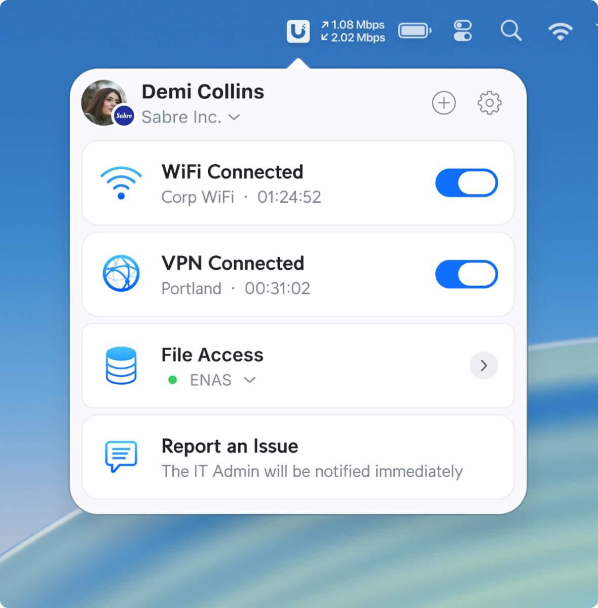 UniFi Endpoint のパソコンの画面。Wi-Fi と VPN の接続を切り替えるスイッチが並んでいる